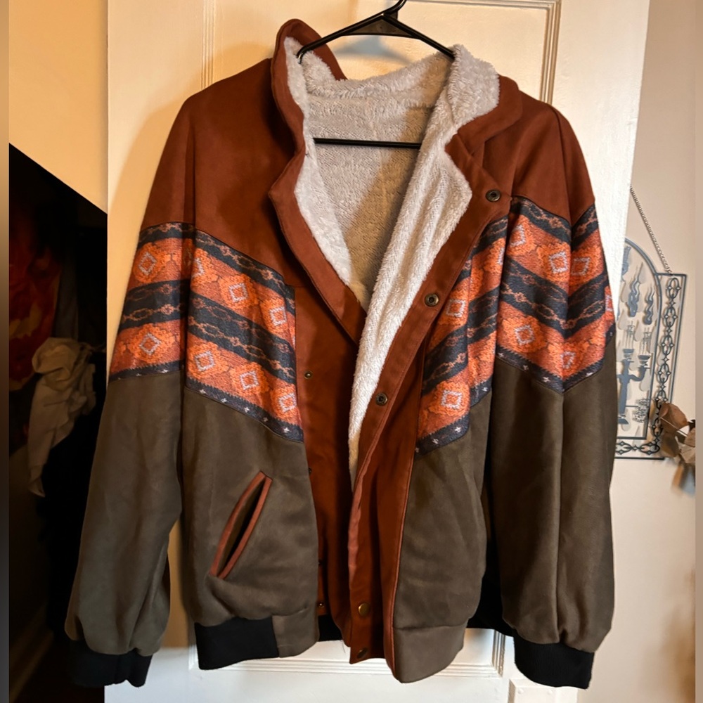 Aztec design Sherpa lined snap front coat